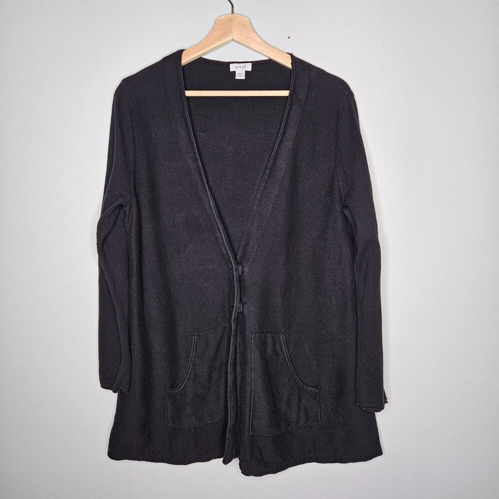J JILL Pure Jill Black Cardigan Medium Cotton Cashmere Snap Closure Pockets